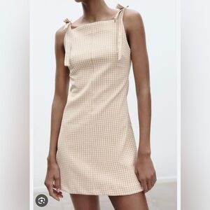Zara Elastic Trim Short Dress Beige Gingham